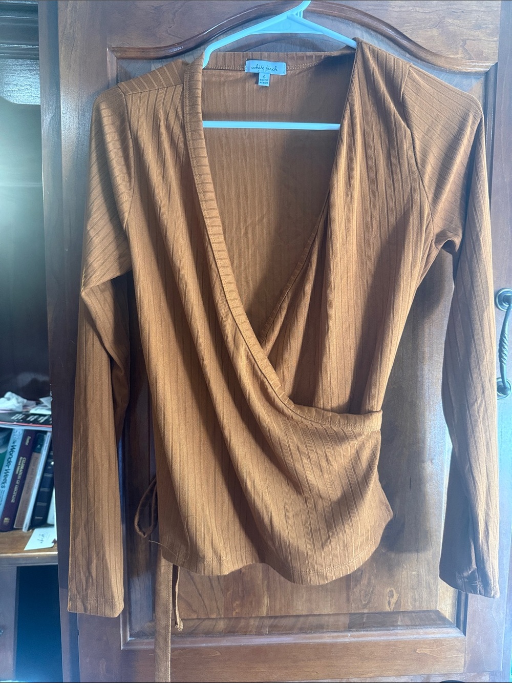 white birch Rust Brown Ribbed Wrap Long Sleeve Top
